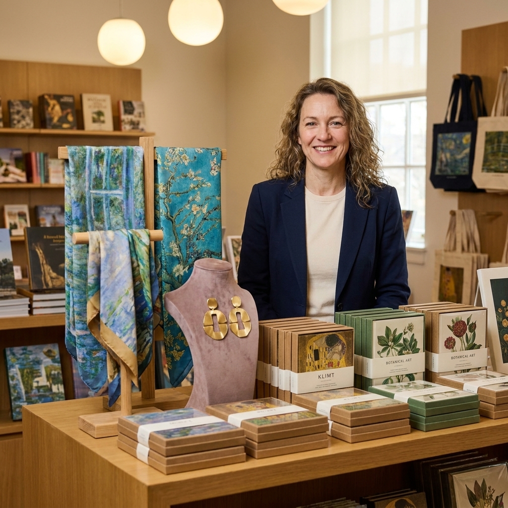 A museum gift shop display featuring art-inspired scarves, statement earrings, and boxed stationery arranged on a counter