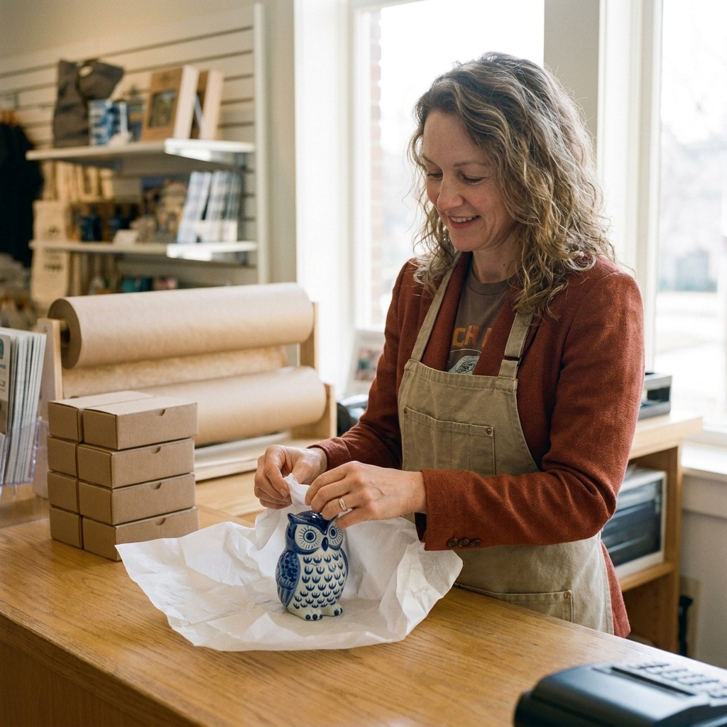 A museum gift shop employee placing tissue paper around a ceramic souvenir at a checkout counter with rolls of packing paper and small boxes