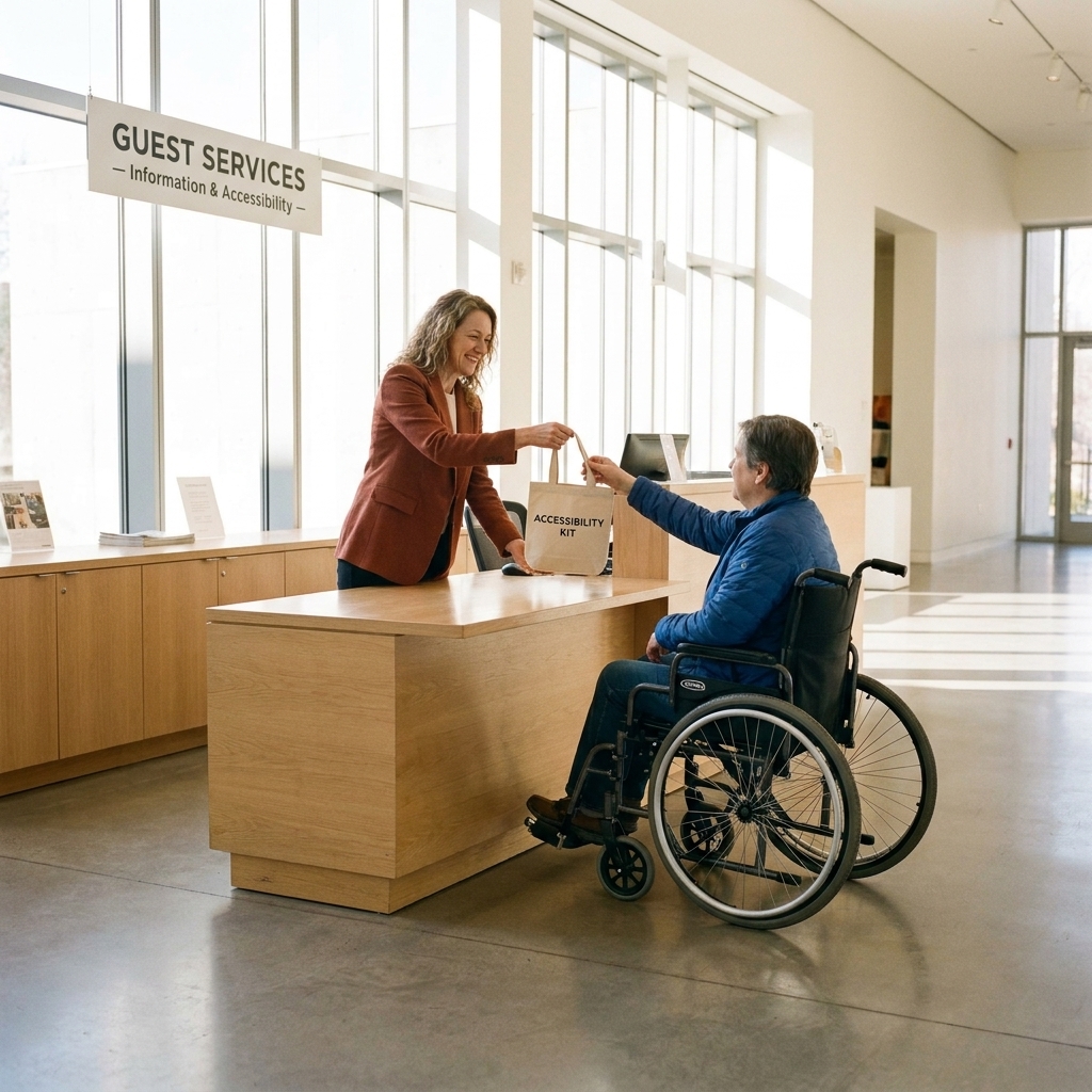 A museum guest services desk in a bright lobby where a staff member is handing a visitor a small kit bag, with clear signage and open space for mobility devices