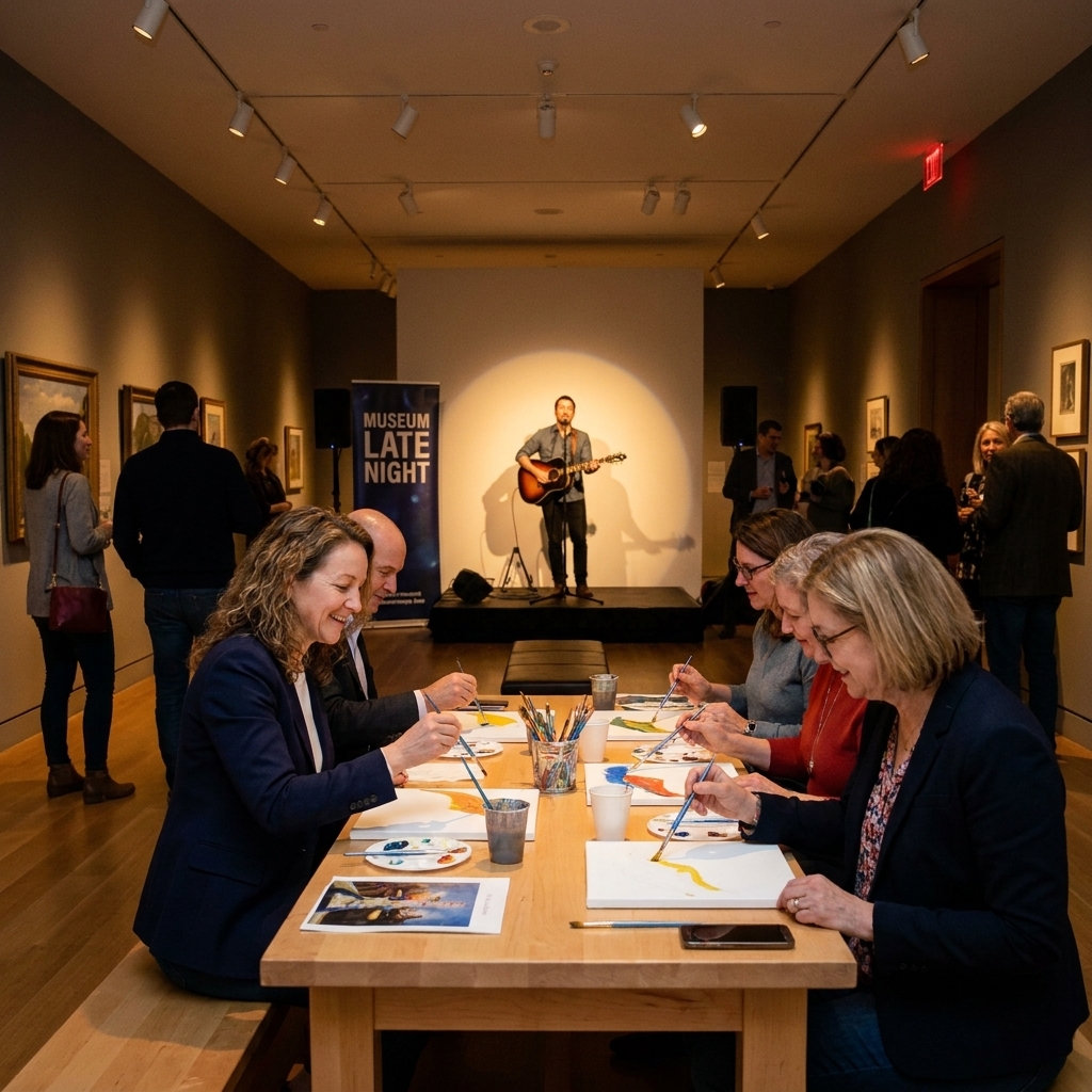 A museum interior at night with adults at an art activity table and a performer on a small stage