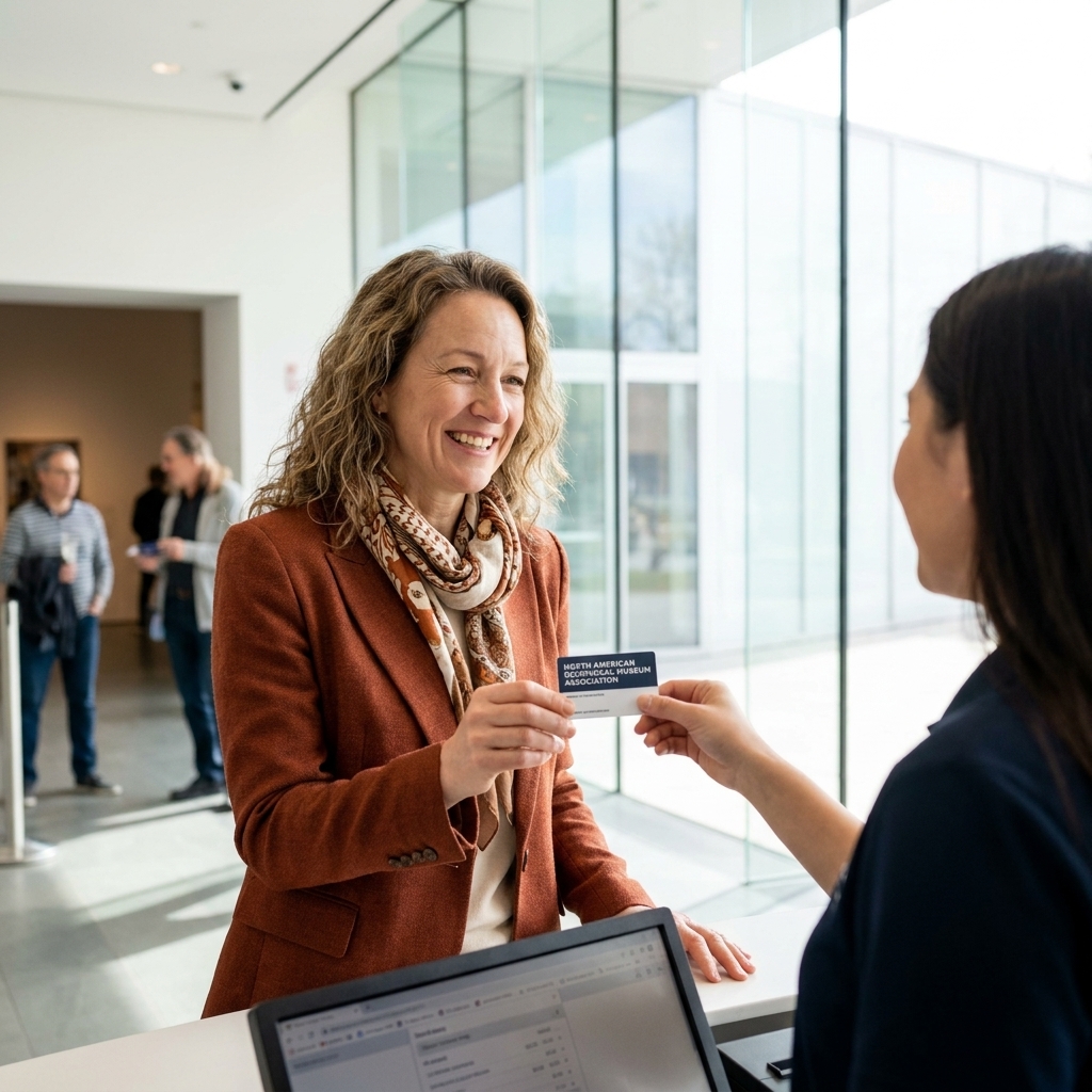 A museum member holding a membership card while standing in a bright lobby near a ticket counter, ready to use reciprocal benefits