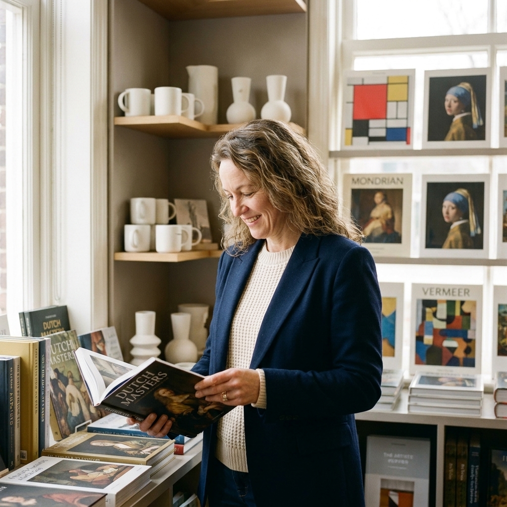 A museum shop corner featuring Dutch art books, minimalist ceramic souvenirs, and neatly arranged prints
