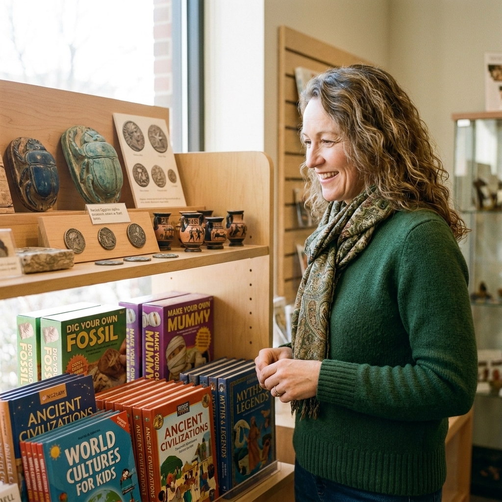 A museum store display with ancient history replica trinkets, kids activity kits, and books about world cultures