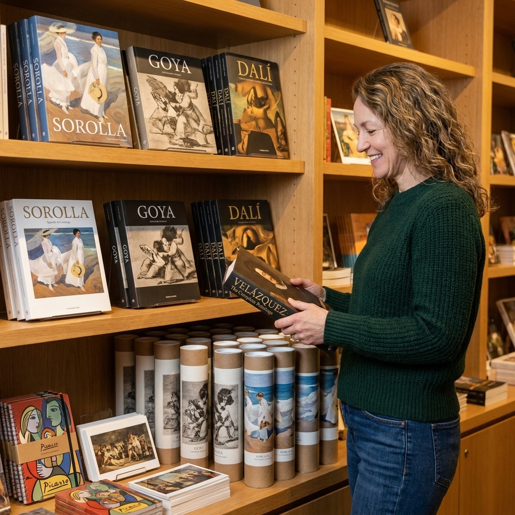 A museum store shelf with Spanish art catalogs, rolled poster prints, and painting-inspired stationery