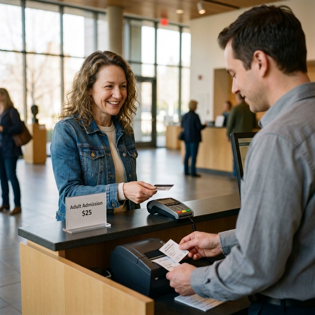 A museum visitor holding a bank card at a ticket counter while a staff member prepares admission tickets