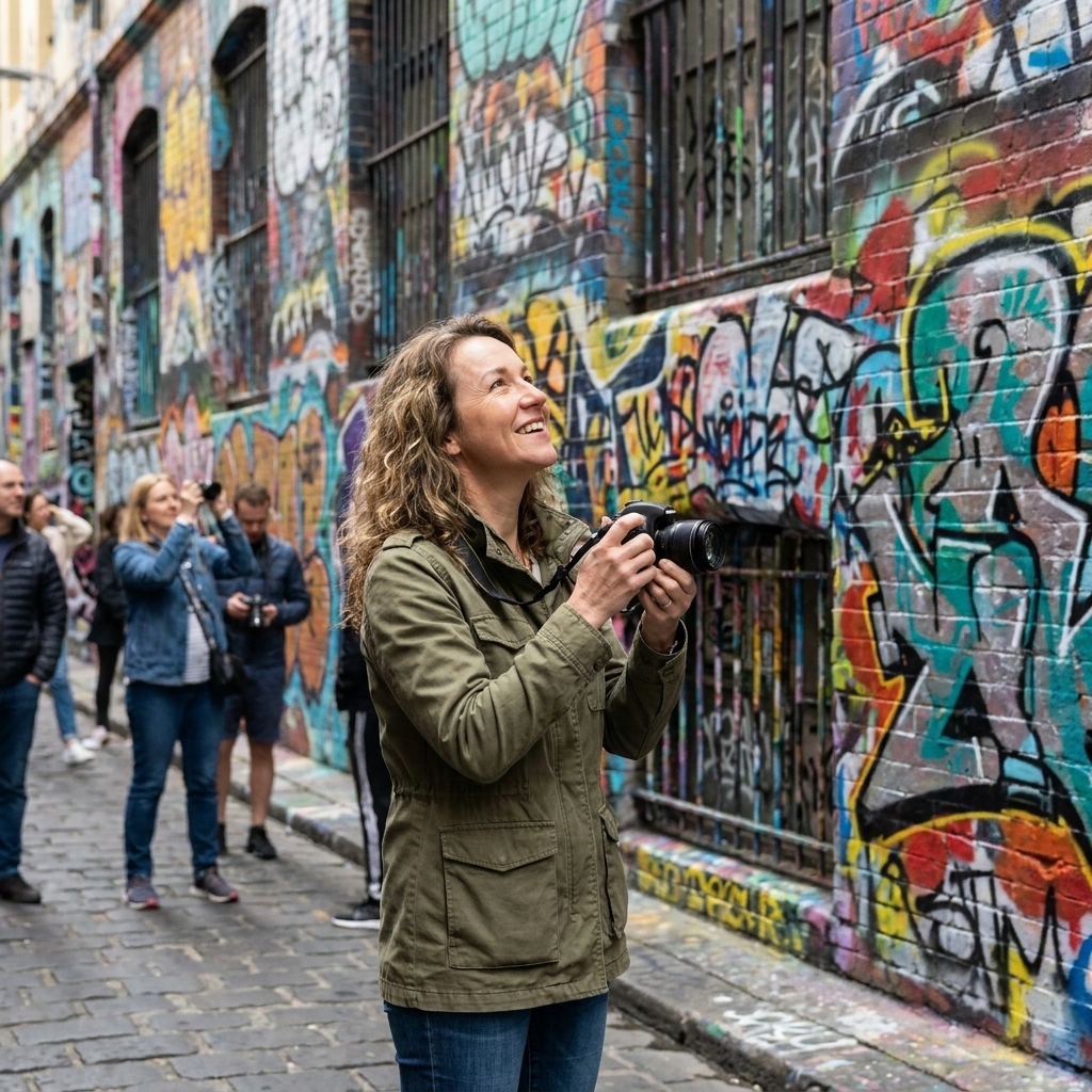 A narrow laneway in Melbourne’s Hosier Lane covered in dense layers of street art, with a few visitors taking photos among the colorful walls