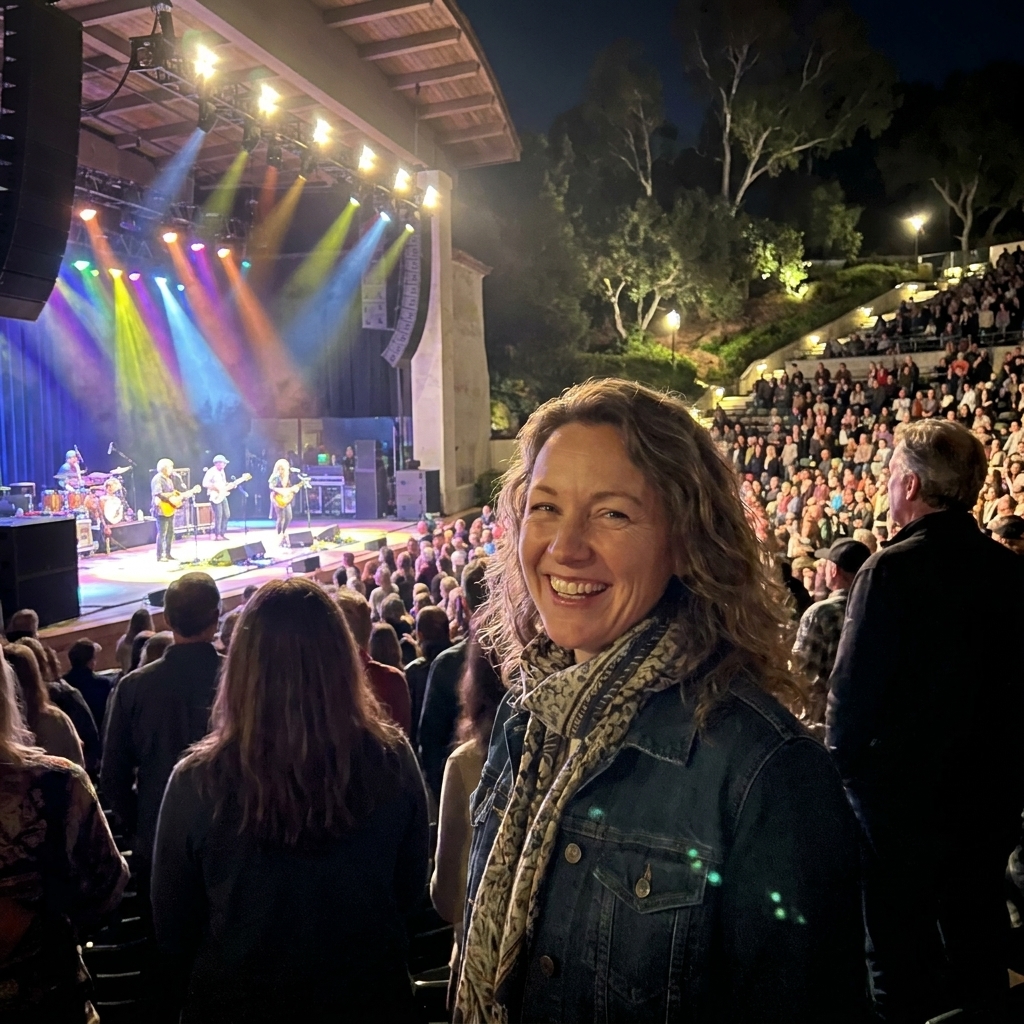 A nighttime concert at the Santa Barbara Bowl in California, with the stage lit brightly and audience seating rising up a landscaped hillside