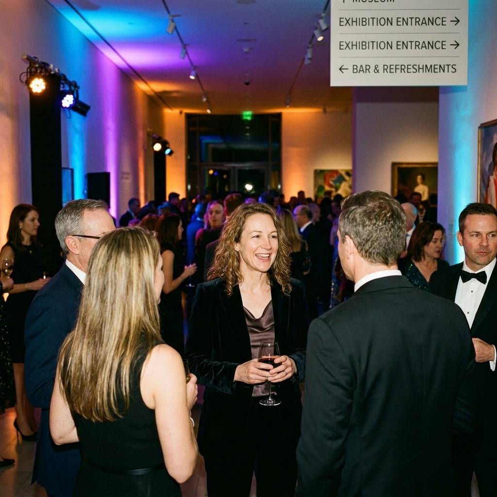 A nighttime crowd inside a museum lobby with colorful stage lighting, cocktail attire, and museum wayfinding signs