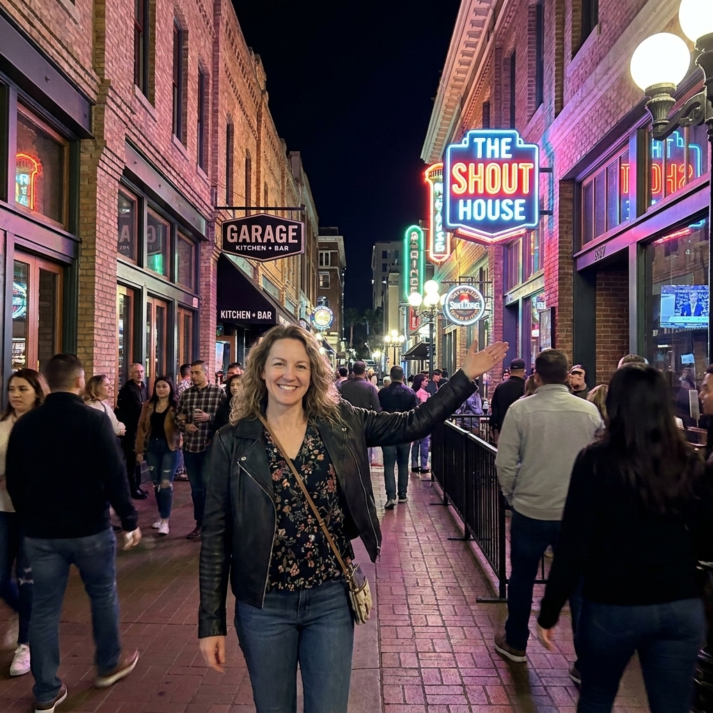 A nighttime street scene in San Diego’s Gaslamp Quarter with historic buildings, glowing bar signs, and pedestrians moving between nightlife venues
