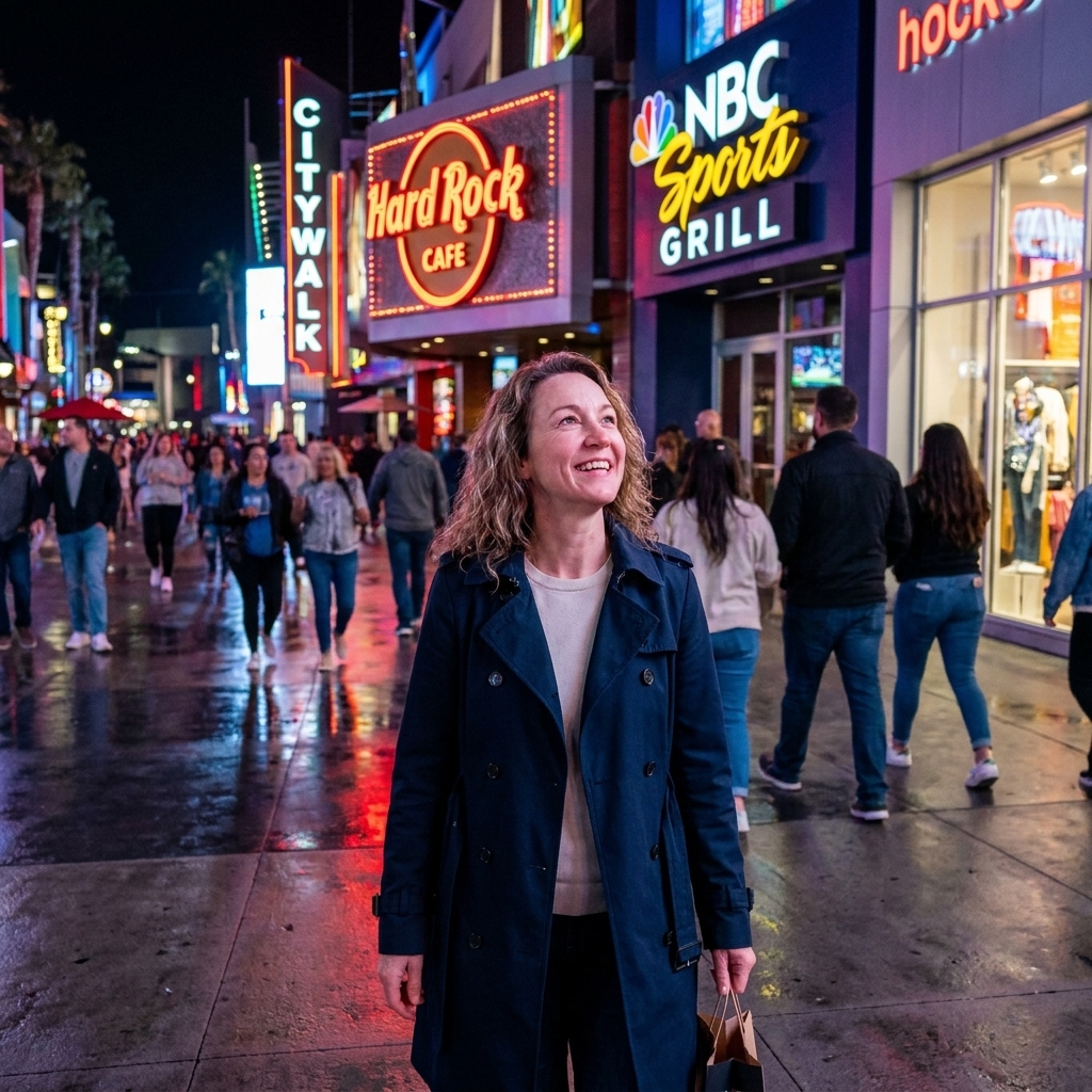 A nighttime view of CityWalk with neon signs reflecting on the walkway as guests stroll between shops and restaurants