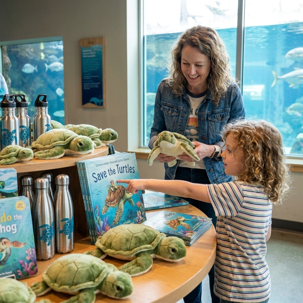 A parent and child browsing an aquarium gift store table with sea turtle plush toys, conservation-themed books, and reusable drinkware