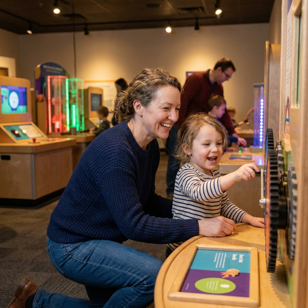 A parent and child exploring an interactive museum exhibit with hands-on displays and soft indoor lighting