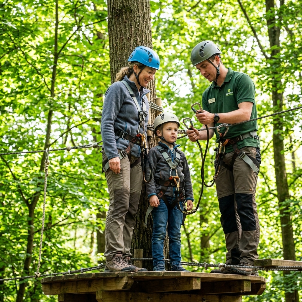 A parent and child in helmets and harnesses standing on a treetop platform while an instructor demonstrates how to clip onto a safety line