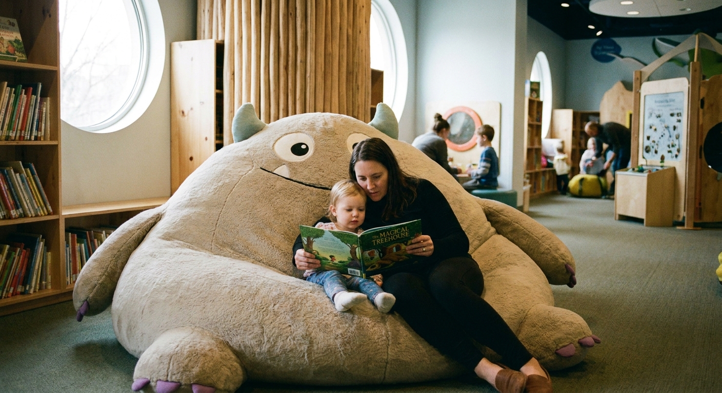 A parent and child sit together in a quiet reading nook inside a children’s museum, sharing a picture book on soft seating
