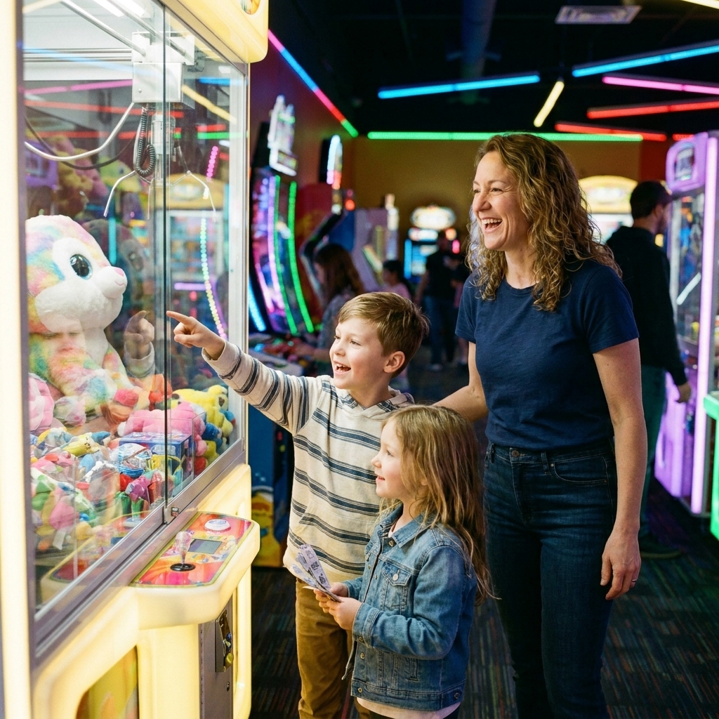 A parent and two kids standing near a bright prize counter inside a large family entertainment center, with arcade machines and colorful lighting behind them