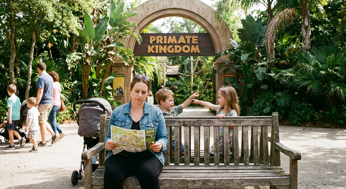 A parent sitting on a bench holding a folded zoo map while children point toward a nearby exhibit entrance.