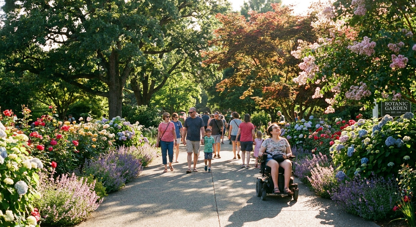 A paved garden pathway lined with flowers and trees, with visitors strolling and a wheelchair user enjoying the scenery on a sunny afternoon