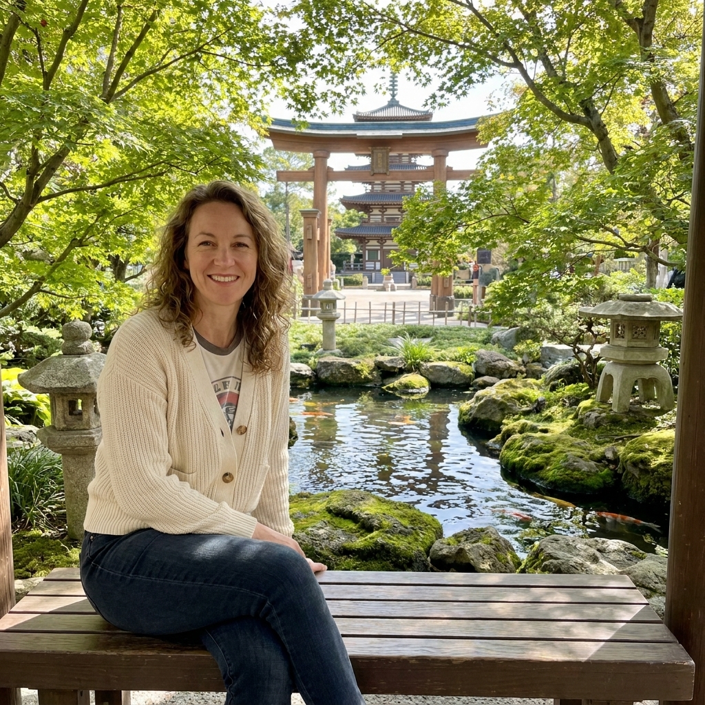 A peaceful garden scene in EPCOT’s Japan pavilion with a small pond, stone lanterns, and shaded benches