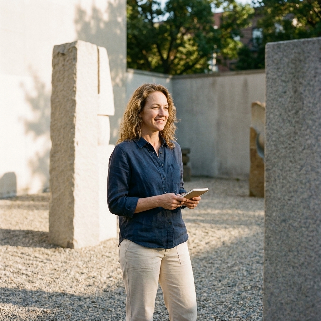 A peaceful stone-and-gravel sculpture garden at The Noguchi Museum in Long Island City with minimalist stone forms and soft afternoon light