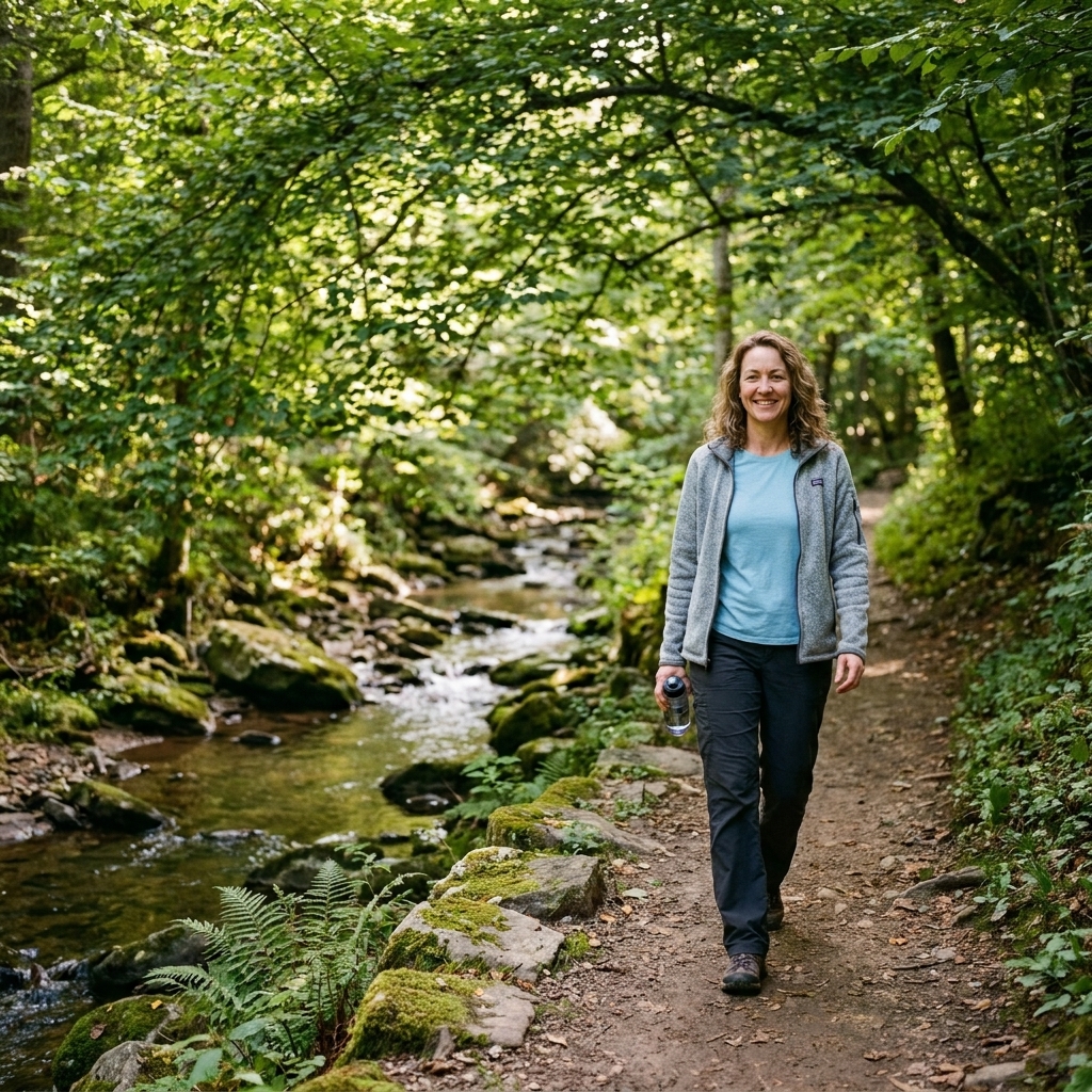 A peaceful trail in Rock Creek Park with a small creek beside the path and leafy trees forming a green canopy