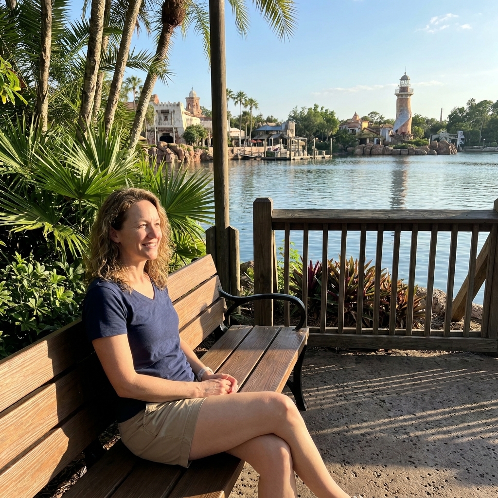 A peaceful view of the lagoon in Islands of Adventure’s Port of Entry with shaded benches and minimal foot traffic
