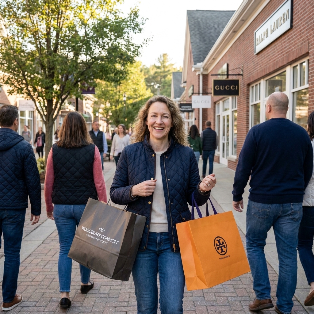 A pedestrian shopping lane at Woodbury Common Premium Outlets with outdoor storefronts and shoppers carrying bags