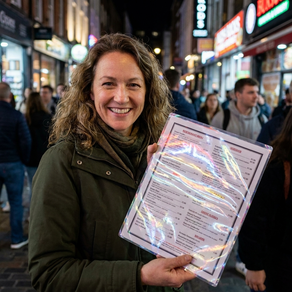 A person holding a laminated restaurant menu on a busy tourist street at night, with bright lights reflecting on the page