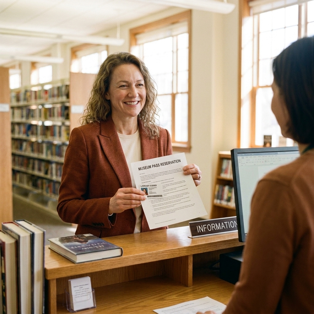 A person holding a printed museum pass reservation while standing near a public library service desk