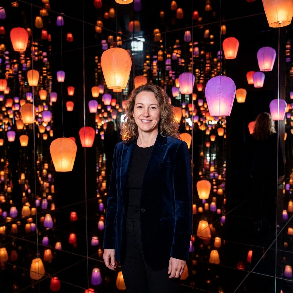 A person standing still as glowing digital lanterns float around them in a dark mirrored room at teamLab Borderless