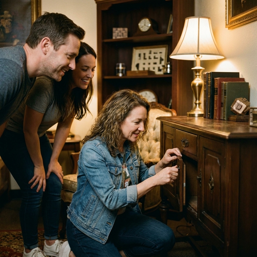 A player in an escape room opening a small hidden compartment in a wooden cabinet while teammates watch closely