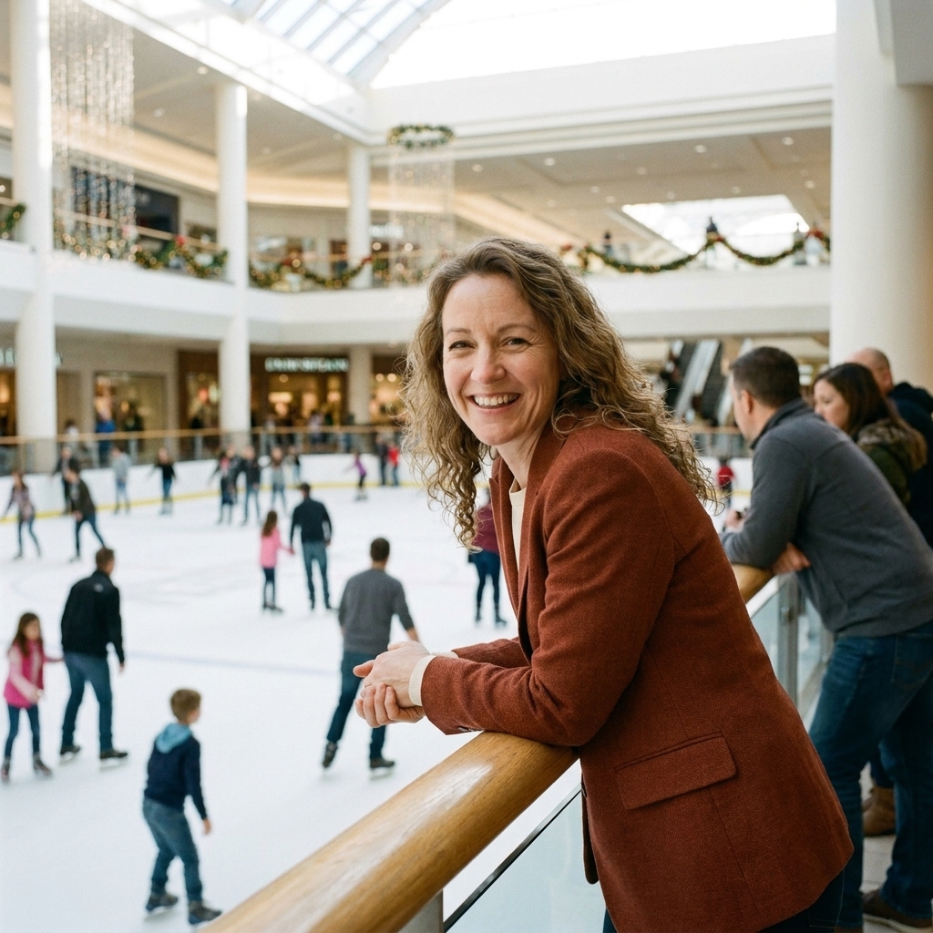 A public indoor ice rink in a large mall atrium with skaters circling and spectators watching from the railing