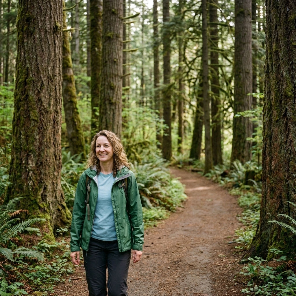 A quiet forest trail in Portland's Forest Park with tall evergreens, ferns, and a packed dirt path curving into the trees