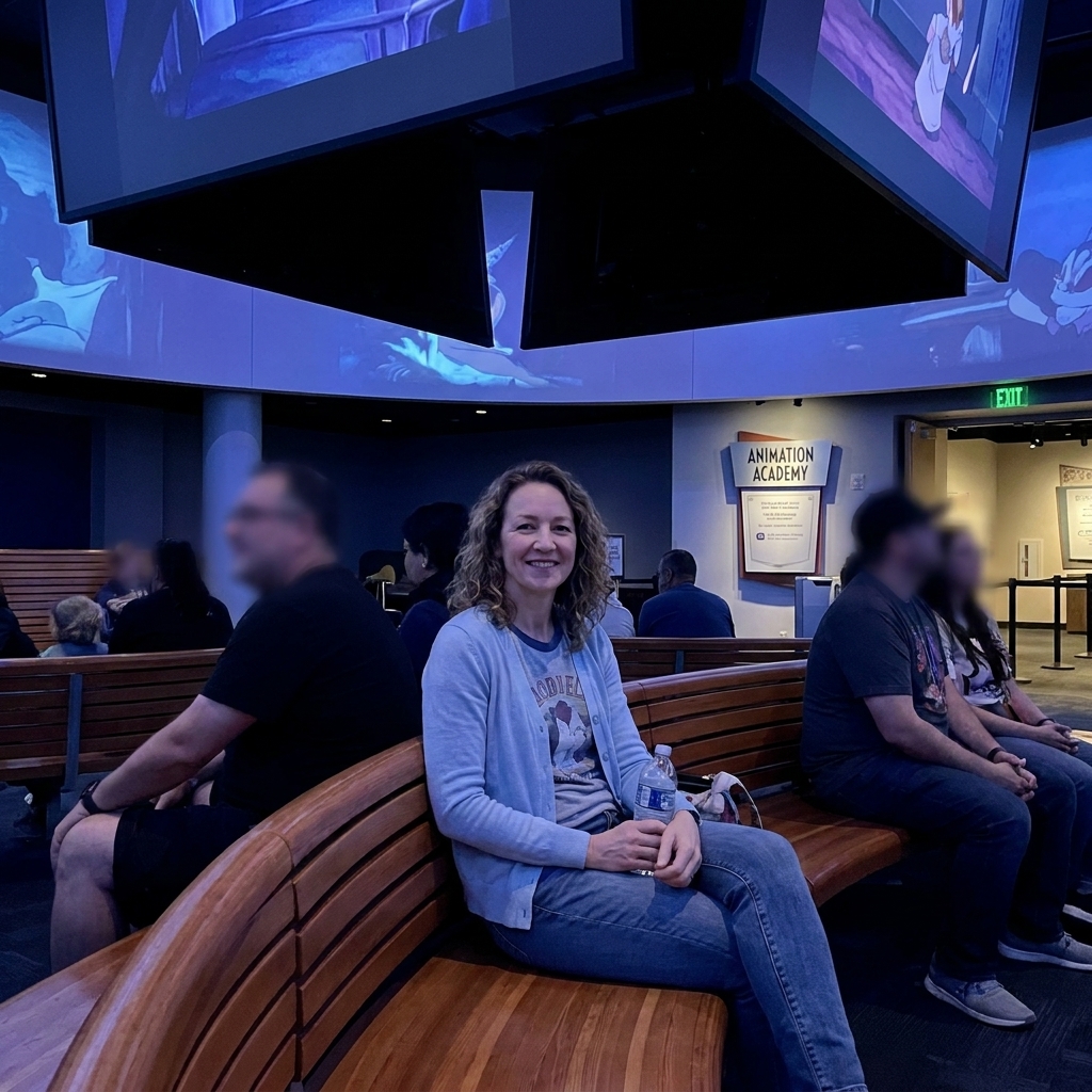 A quiet interior space inside the Animation Building at Disney California Adventure with dim lighting, seating, and guests resting in the air-conditioning