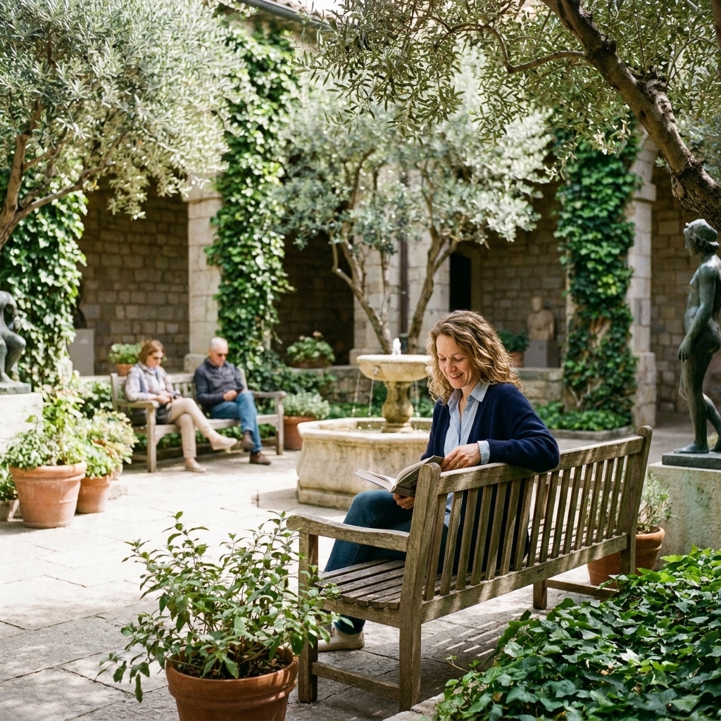 A quiet museum courtyard with shaded seating and greenery, with a few visitors resting on benches in a calm outdoor space