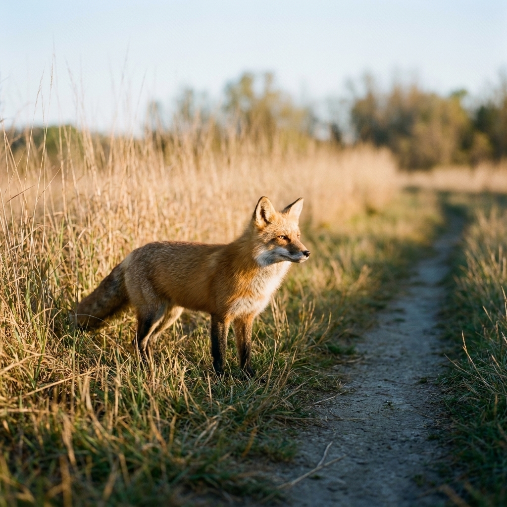 A red fox standing alert beside a narrow dirt trail at the edge of tall grass in a wildlife refuge, looking into the distance in soft morning light