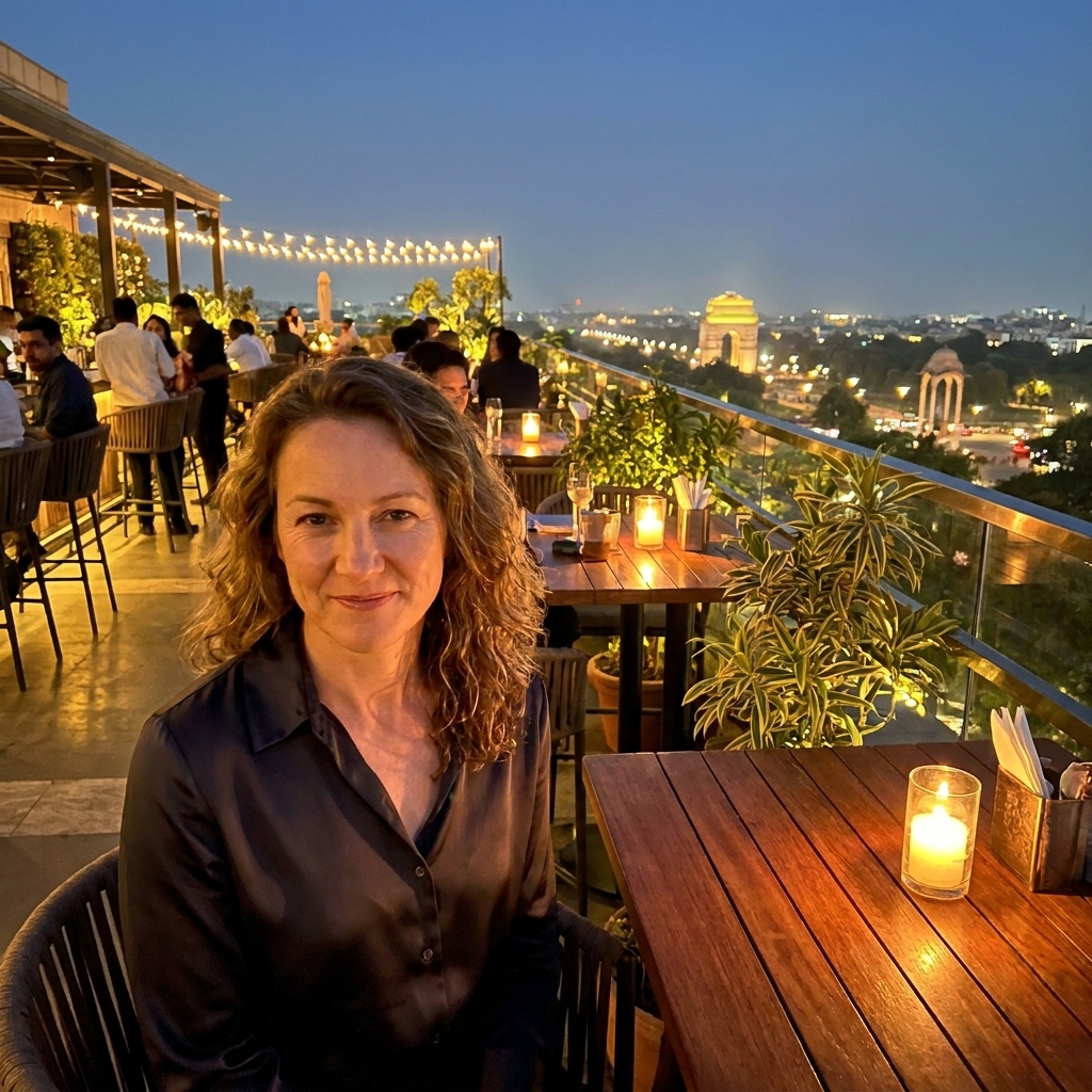 A refined hotel rooftop bar in New Delhi with candlelit tables and the city skyline glowing after sunset