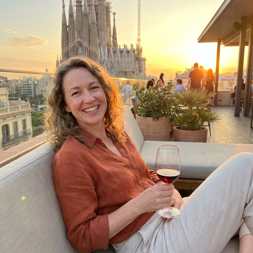 A relaxed rooftop terrace in Barcelona with lounge seating and a panoramic view across the city skyline at sunset
