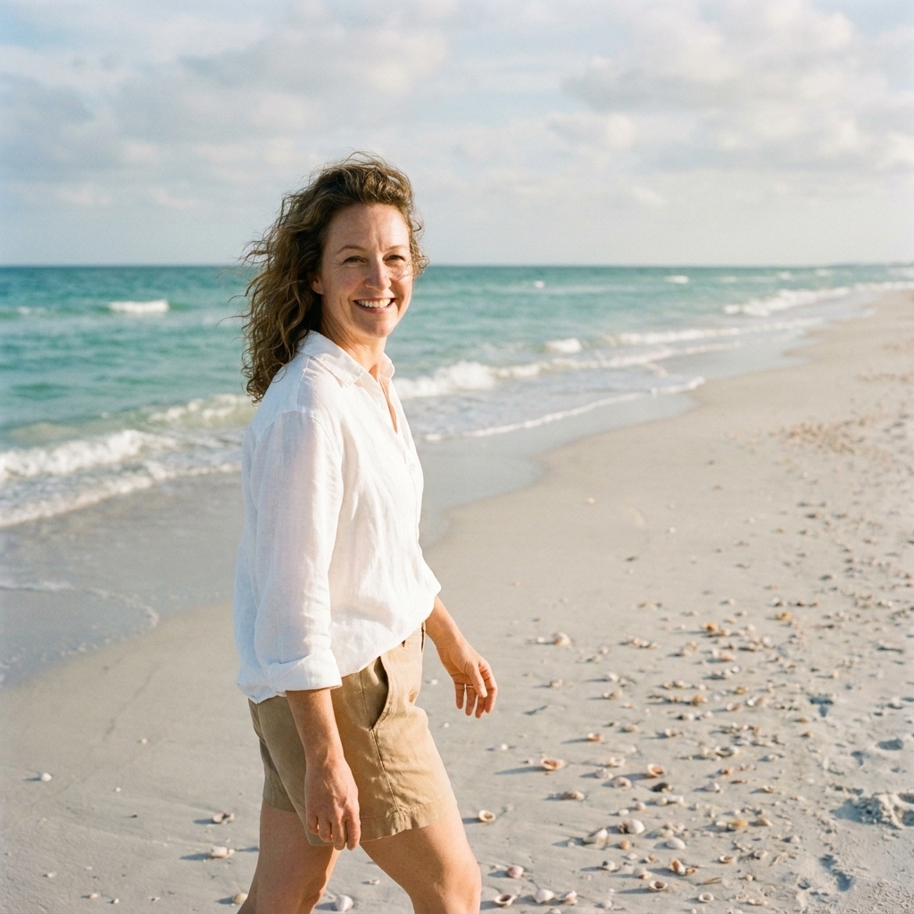A remote beach with pale sand, scattered seashells, and turquoise water, with no buildings visible on the horizon