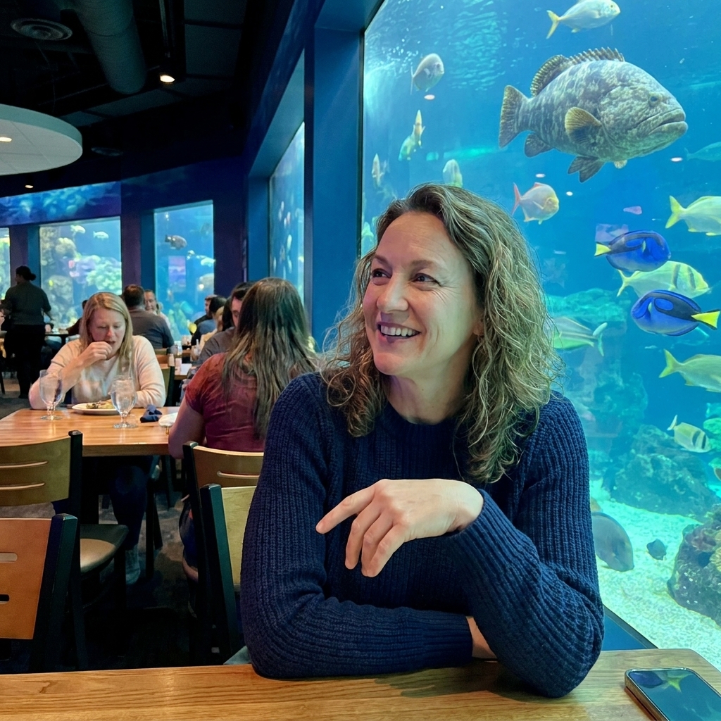A restaurant dining room at Downtown Aquarium Denver with aquarium windows where fish swim behind the glass
