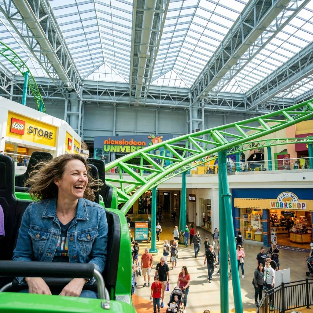 A roller coaster train racing along bright green track inside the central atrium of Mall of America with shops visible below