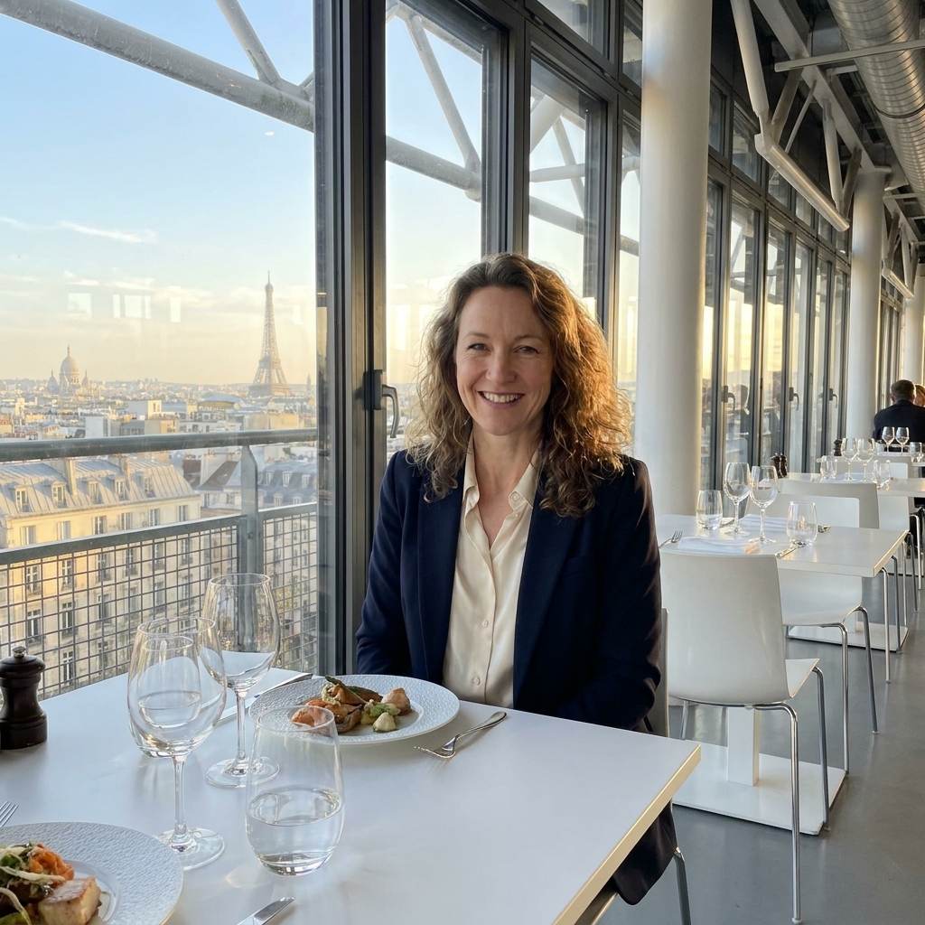 A rooftop dining room at Centre Pompidou in Paris with large windows and panoramic views over the city, set with modern tables and glassware