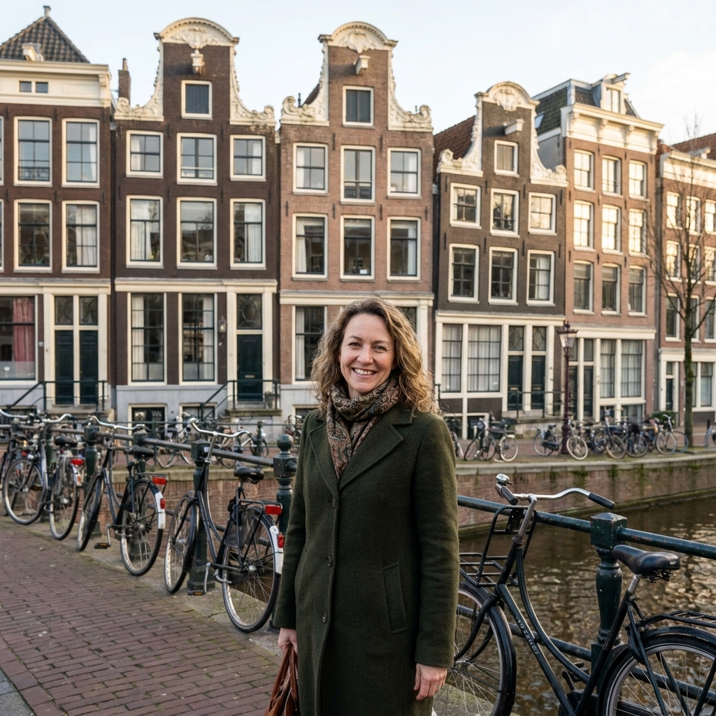A row of tall, narrow Amsterdam canal houses with ornate gables and large windows, photographed from a canal-side street with bicycles parked along the railing