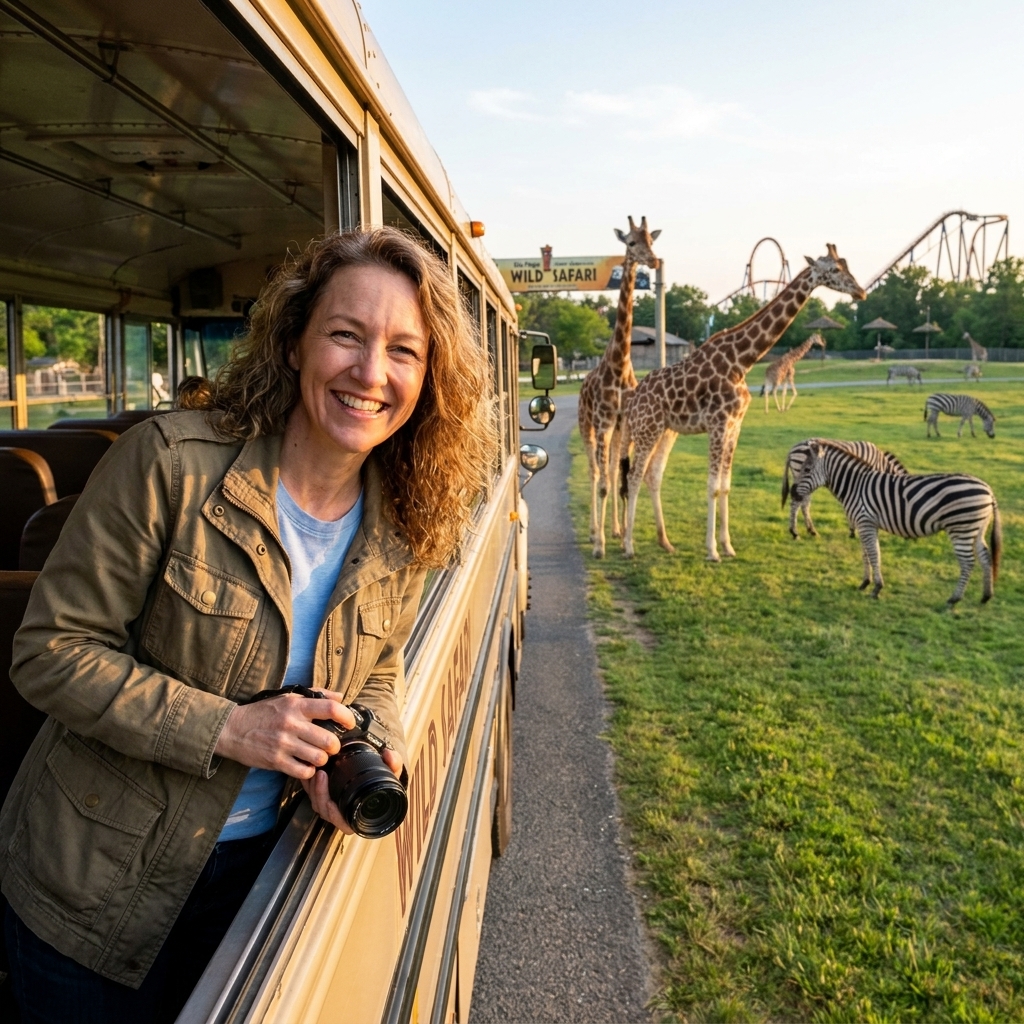 A safari bus driving past giraffes and zebras on a wide habitat inside Six Flags Great Adventure in New Jersey