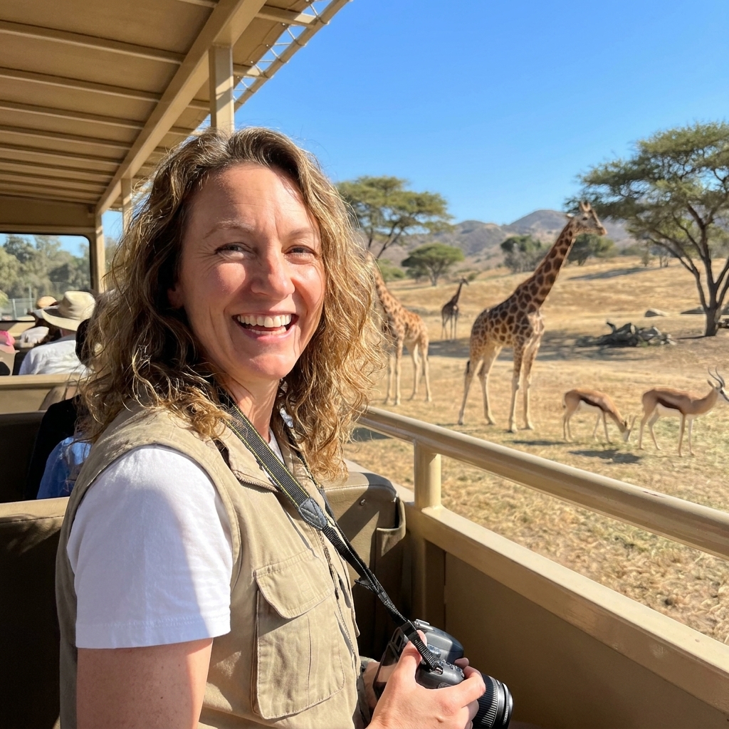 A safari-style tram driving past giraffes and antelope on an open savanna exhibit under a bright California sky