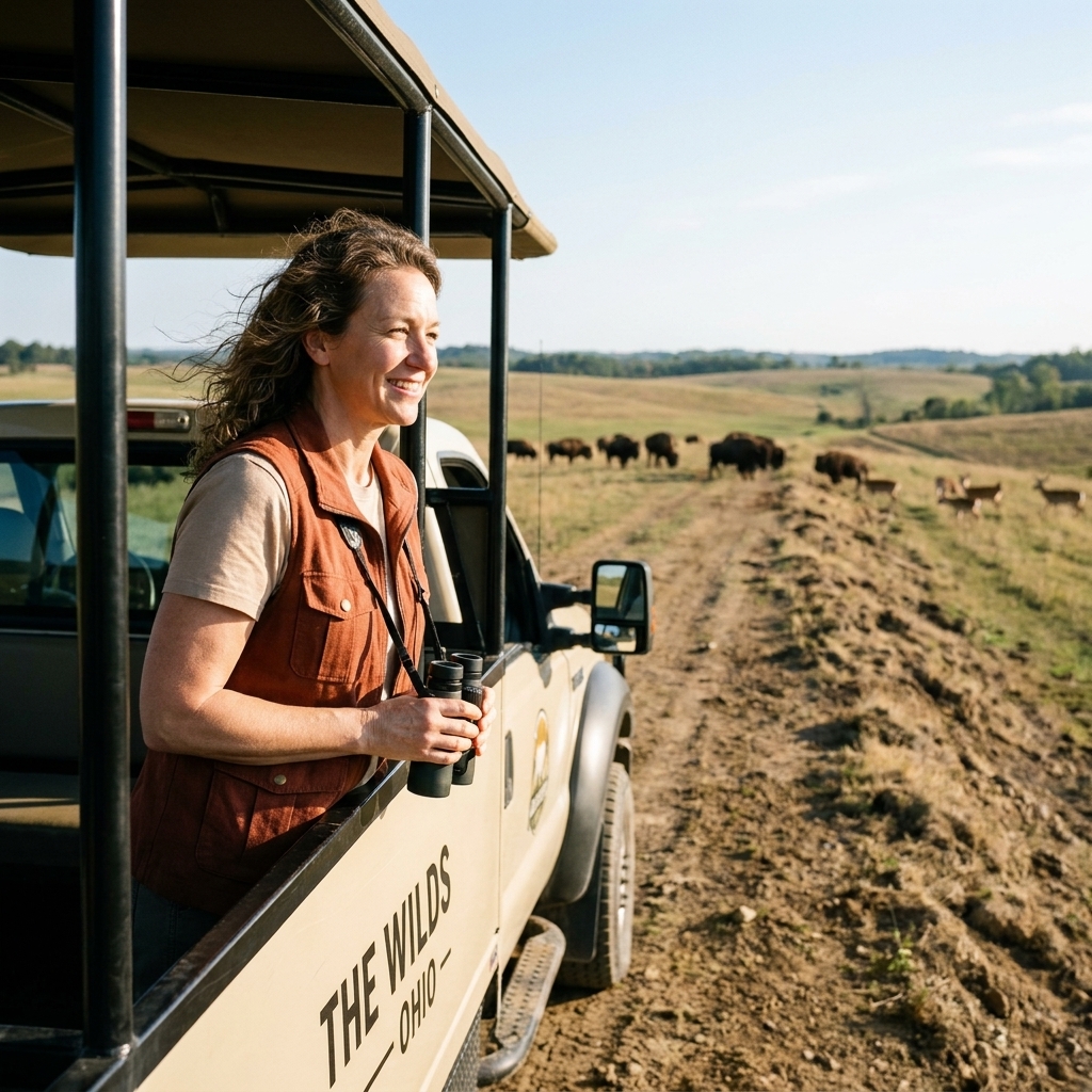 A safari tour truck driving along a ridge with open grasslands and distant herds at The Wilds in Ohio