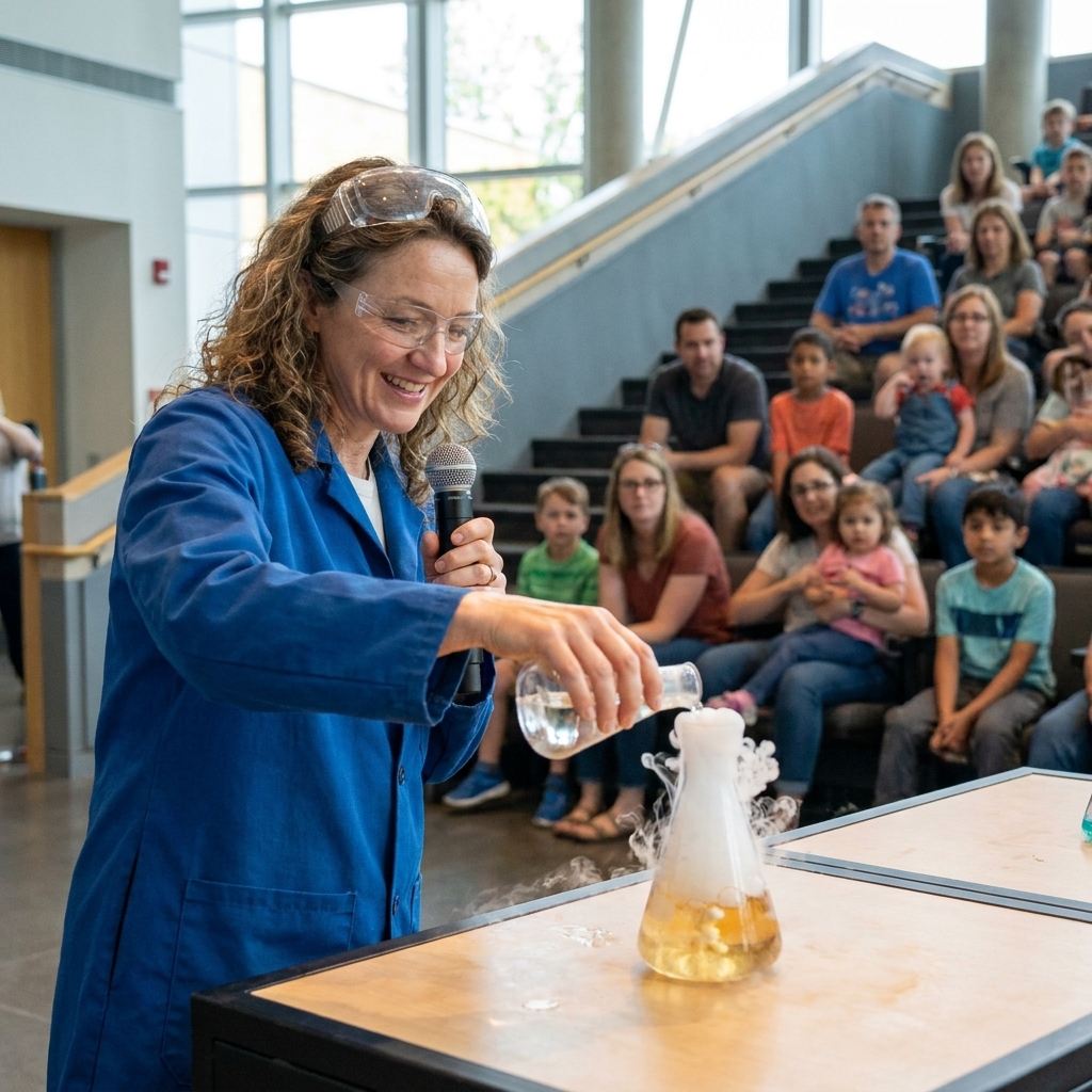 A science museum educator performing a live experiment at a demonstration stage while families watch from tiered seating