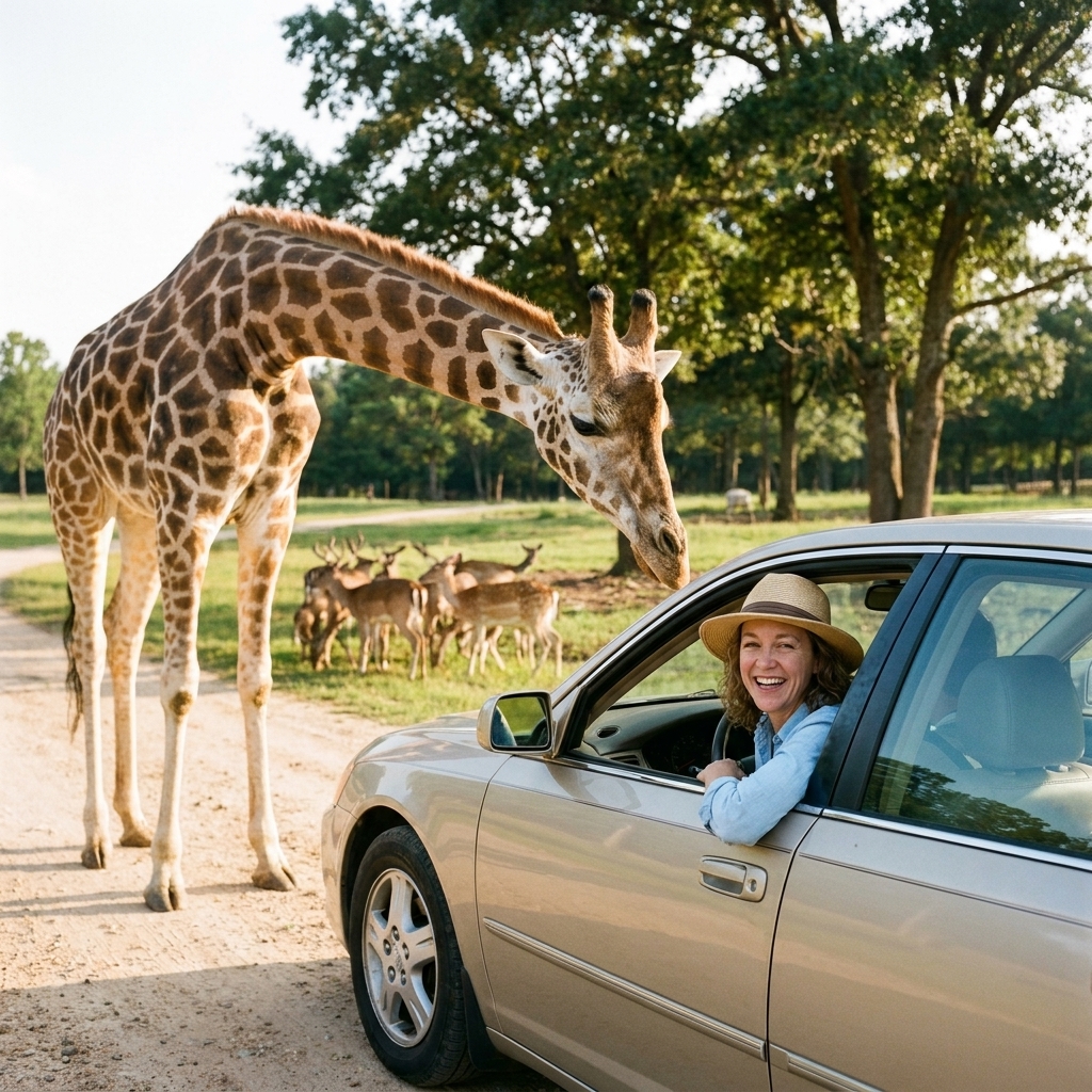 A sedan driving through a safari lane as a giraffe leans toward the road and a herd of deer gathers nearby in Alabama