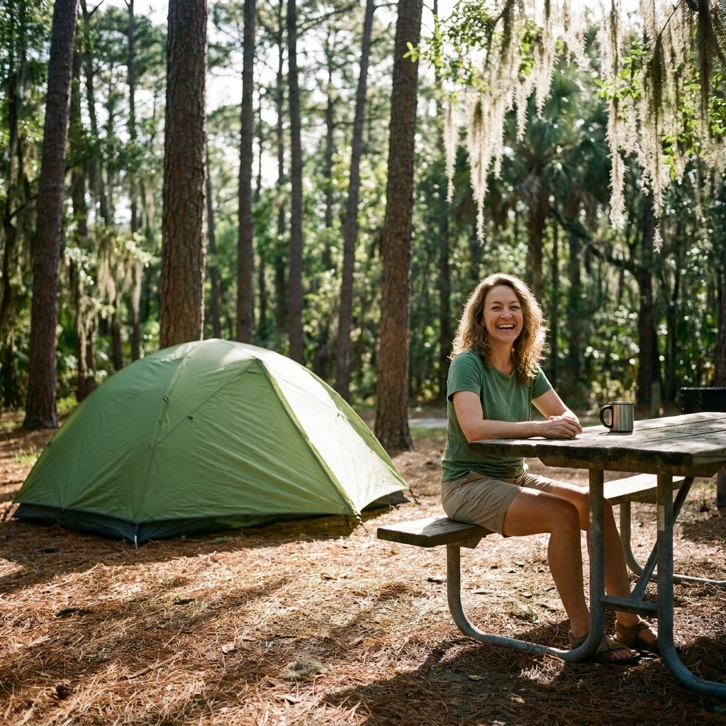 A shaded campsite in a Florida state park with a picnic table and a tent under pine trees