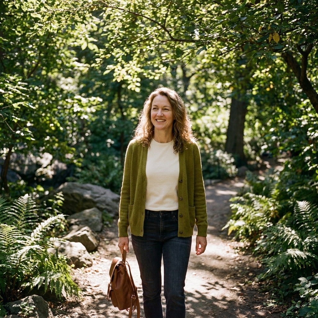 A shaded path through The Ramble in Central Park with dense greenery and dappled sunlight on the walkway