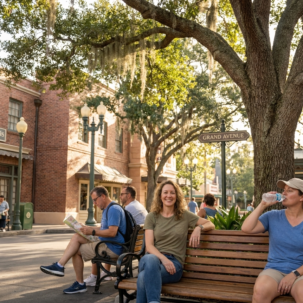A shaded seating nook along Grand Avenue at Disney’s Hollywood Studios with a few guests resting and trees providing cover